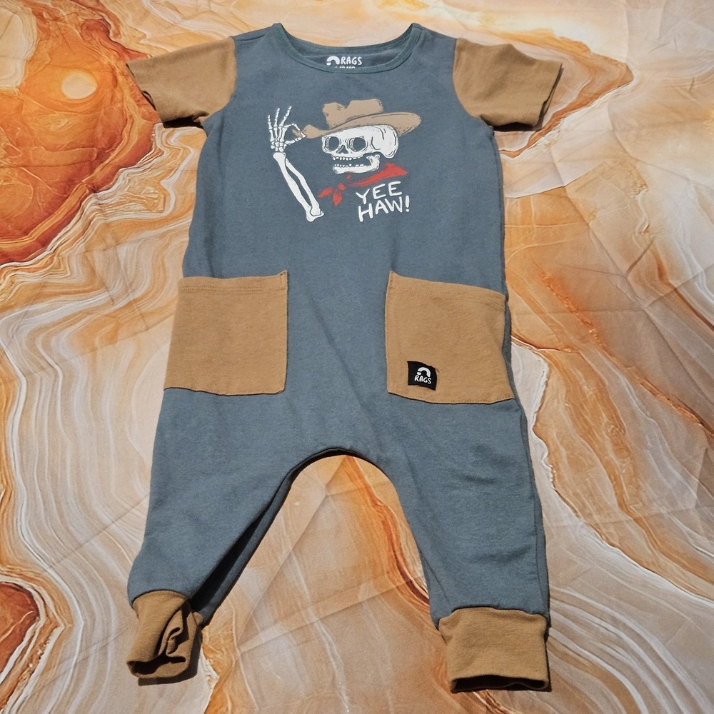 RAGS Baby Romper Cowboy Skeleton Yee Haw Olive Green 12-18 Months